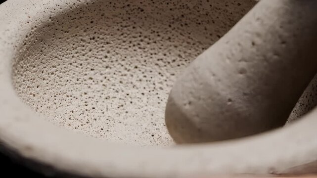 Closeup of Mortar and Pestle Grinding Spices for Culinary Use.