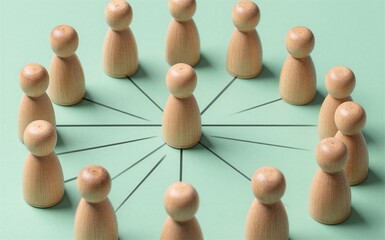 Obraz premium Wooden figures form a circle connected by lines to one central figure.