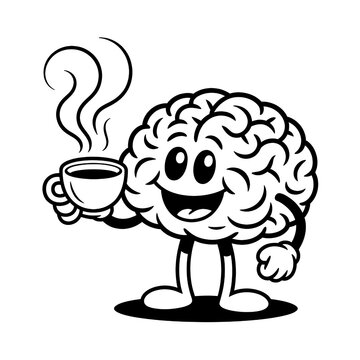 Whimsical Cartoon Brain Enjoys Coffee: Playful Character Illustration for Mindfulness and Caffeine Boost Mood, Perfect for Social Media