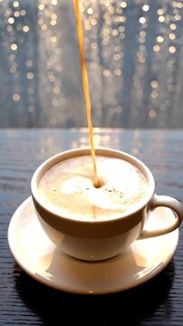 Cinematic Latte Pour Top View, Cozy Rainy Caf&eacute; Aesthetic on Dark Table, No Latte Art