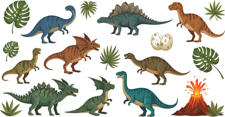 Fototapeta premium Colorful cartoon dinosaurs in prehistoric setting Vector