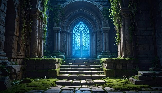 青く光るゴシック扉と苔の石段神秘的な神殿