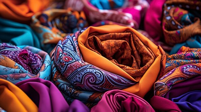 A photo of brightly patterned scarves neatly arranged