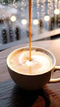 Cinematic Latte Pour Top View, Cozy Rainy Caf&eacute; Aesthetic on Dark Table, No Latte Art