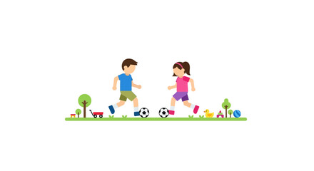 Obraz premium Happy boy and girl running and dribbling a soccer ball in a grassy outdoor area with small trees and bushes in bright studio.