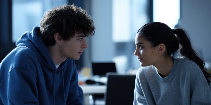 Young man and woman sitting face-to-face engaging in a conversation in a modern indoor setting