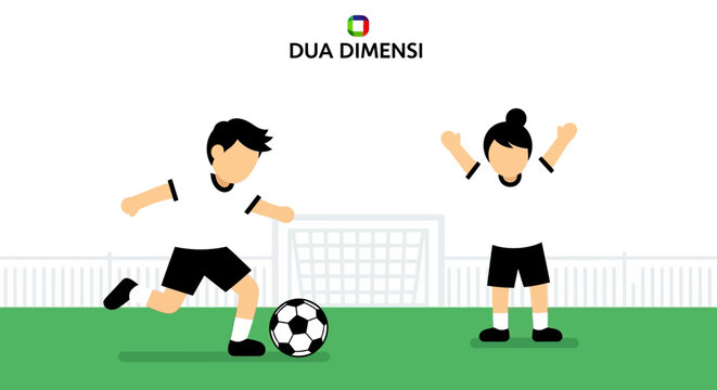 Energetic male player kicking a soccer ball towards a goal while a female player celebrates, on a green field with "DUA DIMENSI" text in bright studio.