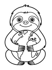Fototapeta premium Eco-Friendly Cute Cartoon Sloth on Green Planet: Whimsical Earth Day Coloring Page for Kids and Animal Lovers