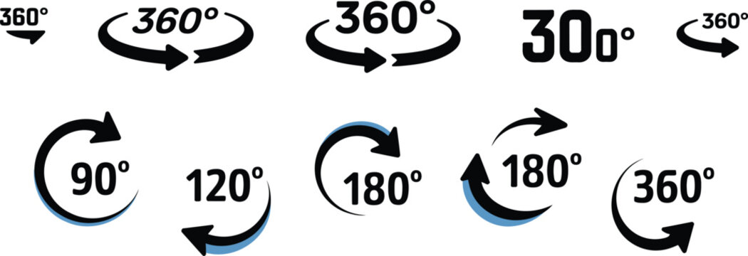 Collection of rotation and degree angle featuring circular arrows and numerical values for technical diagrams and user interface navigation