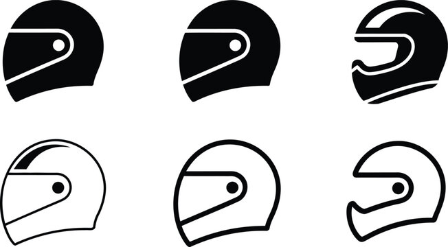 Collection of six black and white motorcycle helmet featuring different visor and shapes for racing safety gear and extreme sports equipment