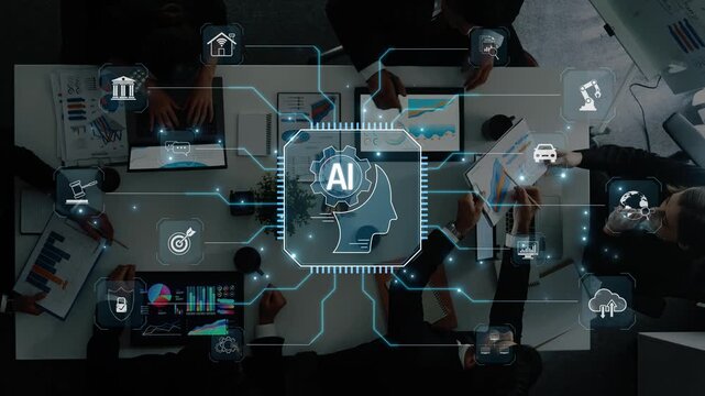 A high-angle view of business professionals engaging in collaborative discussions about artificial intelligence solutions in a modern office setting, showcasing data. Raster