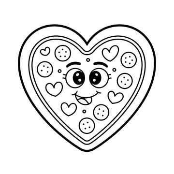 Adorable Heart-Shaped Pizza Cartoon in Kawaii Style: Playful Coloring Page and Whimsical Gift for Food Lovers