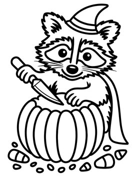 Cute Cartoon Raccoon with Pumpkin Halloween Costume: Whimsical Line Art for Kids' Autumn Creative Craft Project