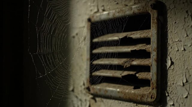 Rusty vent with spiderwebs in cracked concrete wall