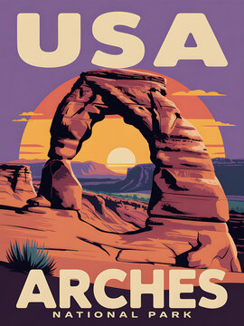 Vintage Sunset at Arches National Park: Iconic Rock Formations and Geological Wonders in Illustrated Poster Art for Nature Enthusiasts