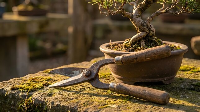 Vintage gardening shears resting on mossy stone next to a bonsai tree in a clay pot