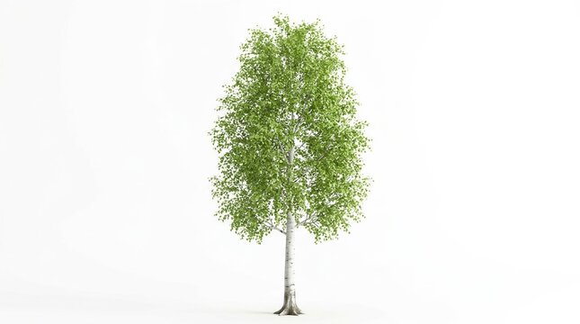 birch tree, white birch, betula, green leaves, isolated on white, deciduous tree, silver birch. High-quality 3D render of a single plant for landscape design and ecology themes.