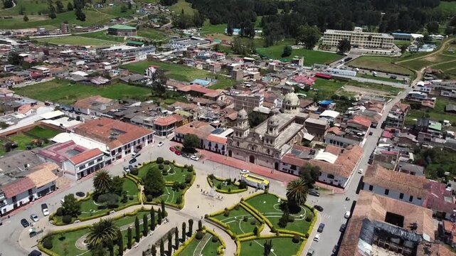 Santa Rosa de Viterbo, Boyac&aacute; - Colombia. February 27, 2026. Panoramic drone view of the town's main church.