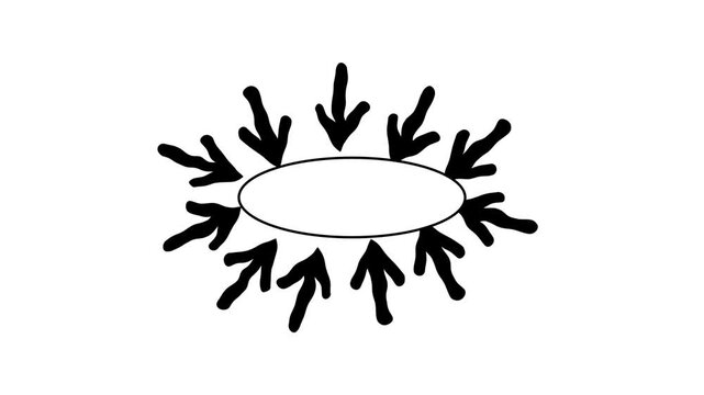 Multiple black arrows pointing inwards towards a central empty oval shape, arranged in a circular pattern against a clean white background, symbolizing convergence or focus in a