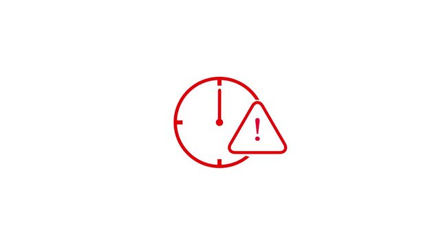 A minimalist featuring a red clock face with red hour and minute hands pointing to approximately ten past ten, accompanied by a red triangular warning sign with a red exclamation mark, all set