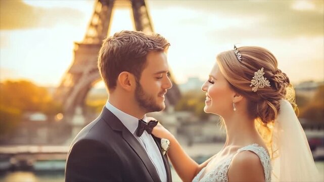 Bride and groom touching noses in Paris. Happy newlyweds standing before the famous tower during sunset. Romantic wedding concept for celebration in France abroad.