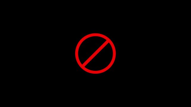 Red prohibition symbol a circle with a diagonal line across it on a black background signifying forbidden or restricted action or access denial