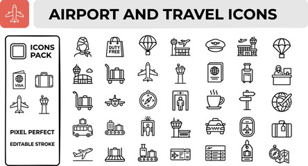 Airport travel vector outline icon set for tourism apps, flight guides and destination map interfaces © Pixel_Forge