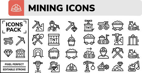 Mining and Mineral Extraction outline icon set. Featuring miner, pickaxe, ore, gem, and tunnel symbols. Editable stroke vector icons for excavation industry and quarry operation design. © Pixel_Forge