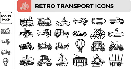 Retro transport icon collection in vintage outline vector for nostalgic posters and heritage travel design © Pixel_Forge