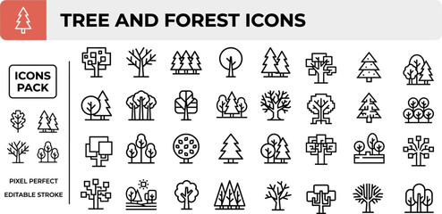 Tree and Forest Nature outline icon set. Featuring pine, oak, maple leaf, woodland, and branch symbols. Editable stroke vector icons for environmental conservation and botanical study design. © Pixel_Forge