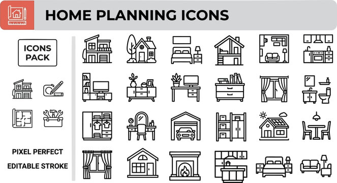 Home Planning and Floor Layout outline icon set. Featuring blueprint, room design, furniture, architecture, and interior plan symbols. Editable stroke vector icons for real estate and house design.