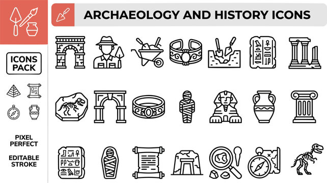 Archaeology and history icon collection in ancient outline vector for museum exhibits and education maps