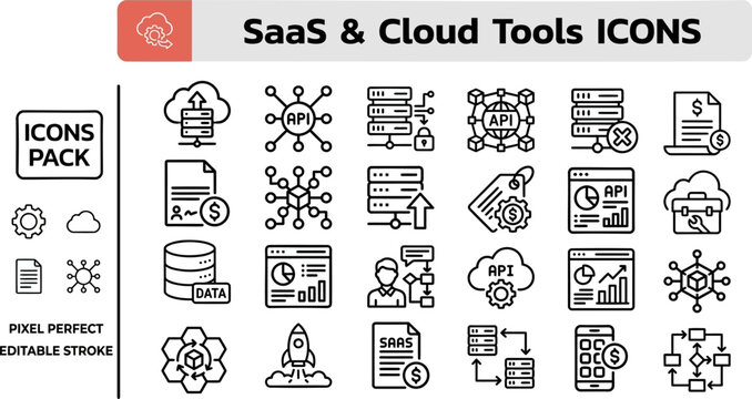 SaaS and Cloud Tool outline icon set. Featuring software platform, cloud computing, subscription, server, and integration symbols. Editable stroke vector icons for tech startup and B2B SaaS.
