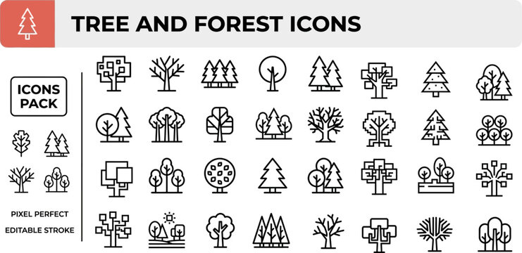 Tree and Forest Nature outline icon set. Featuring pine, oak, maple leaf, woodland, and branch symbols. Editable stroke vector icons for environmental conservation and botanical study design.