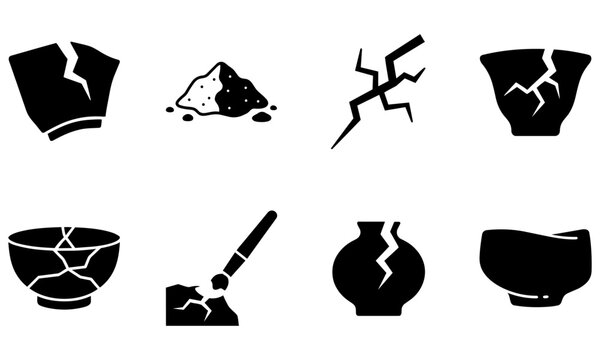 set of broken pottery and cracked objects in black silhouettes on white background