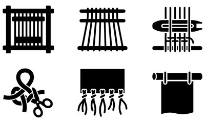 Obraz premium set of six black and white icons depicting various textile making tools and processes on white background