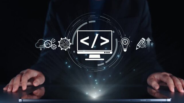 Modern web development concept featuring coding symbols, web development process, web development interface, and web development tools with futuristic design. Elide