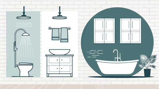 Bathroom interior with shower, toilet, sink, and bathtub icons on brick wall background