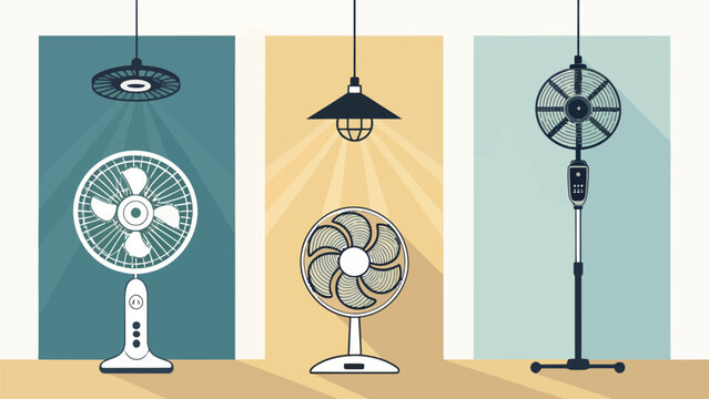 Three different types of electric fans with lamps