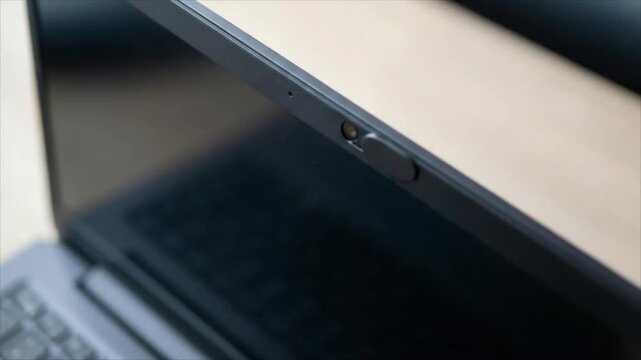 Man closing laptop webcam cover slider for digital privacy. Hand protecting personal security by blocking computer camera lens. Cyber safety, data protection tool.