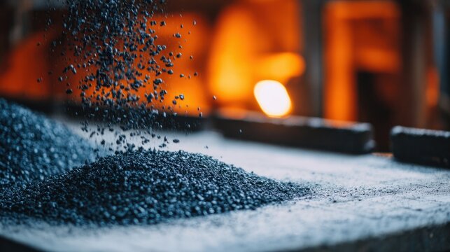 Coal being processed on industrial conveyor belt, showing granular black particles in motion during production