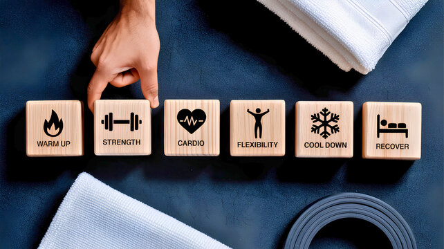 Hand arranging wooden blocks showing steps for complete fitness workout routine planning. Warmup strength cardio flexibility cooldown and recovery 