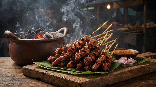 Steaming charcoal grilled sate skewers piled high on a banana leaf, smoke wafting from glowing coals, a savory street food scene.