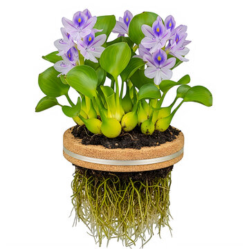 A beautiful water hyacinth plant with vibrant purple flowers and long dangling fibrous roots isolated on transparent background