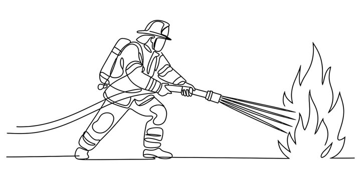 Continuous single line drawing of a brave firefighter putting out a dangerous fire with a water hose in a heroic action pose Vector, illustration