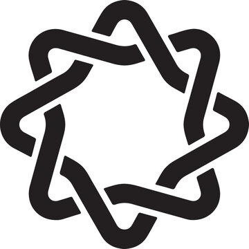 A black and white heptagram knot symbol, featuring seven intertwined, rounded points weaving in and out to create a cohesive circular emblem.