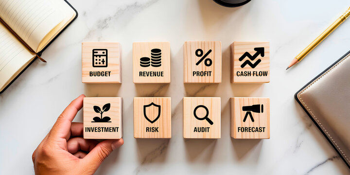 Wooden blocks displaying icons representing corporate financial planning and management