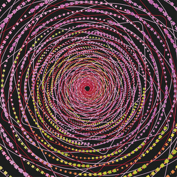 Intricate abstract fractal vortex featuring geometric spirals, orbiting lines, vibrant pink tones, and hypnotic digital cosmic energy composition.