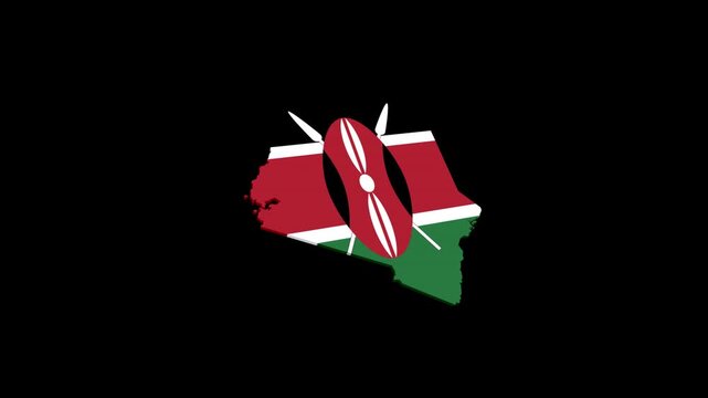 Kenya Geographic Map Animation Filled with National Flag, Alpha Channel Included