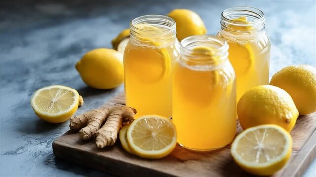 Mason jar with homemade ginger lemon drink on wooden board. Refreshing citrus beverage, sliced fruit and raw root ingredient for healthy nutrition and immunity.